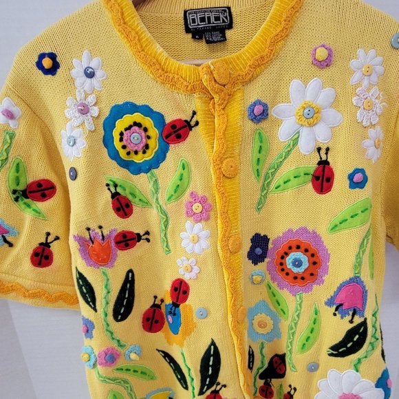 Berek by Takako Sakon Vintage Knit Yellow Crochet Garden Lady Bug Flower Top L - Picture 2 of 16